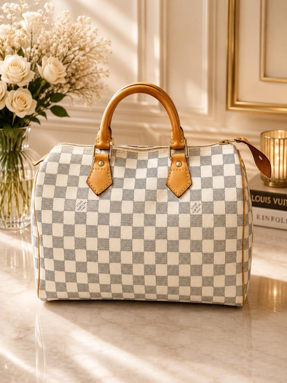 Authentic Louis Vuitton Speedy 30 Damier Azur Canvas Handbag Satchel Bag